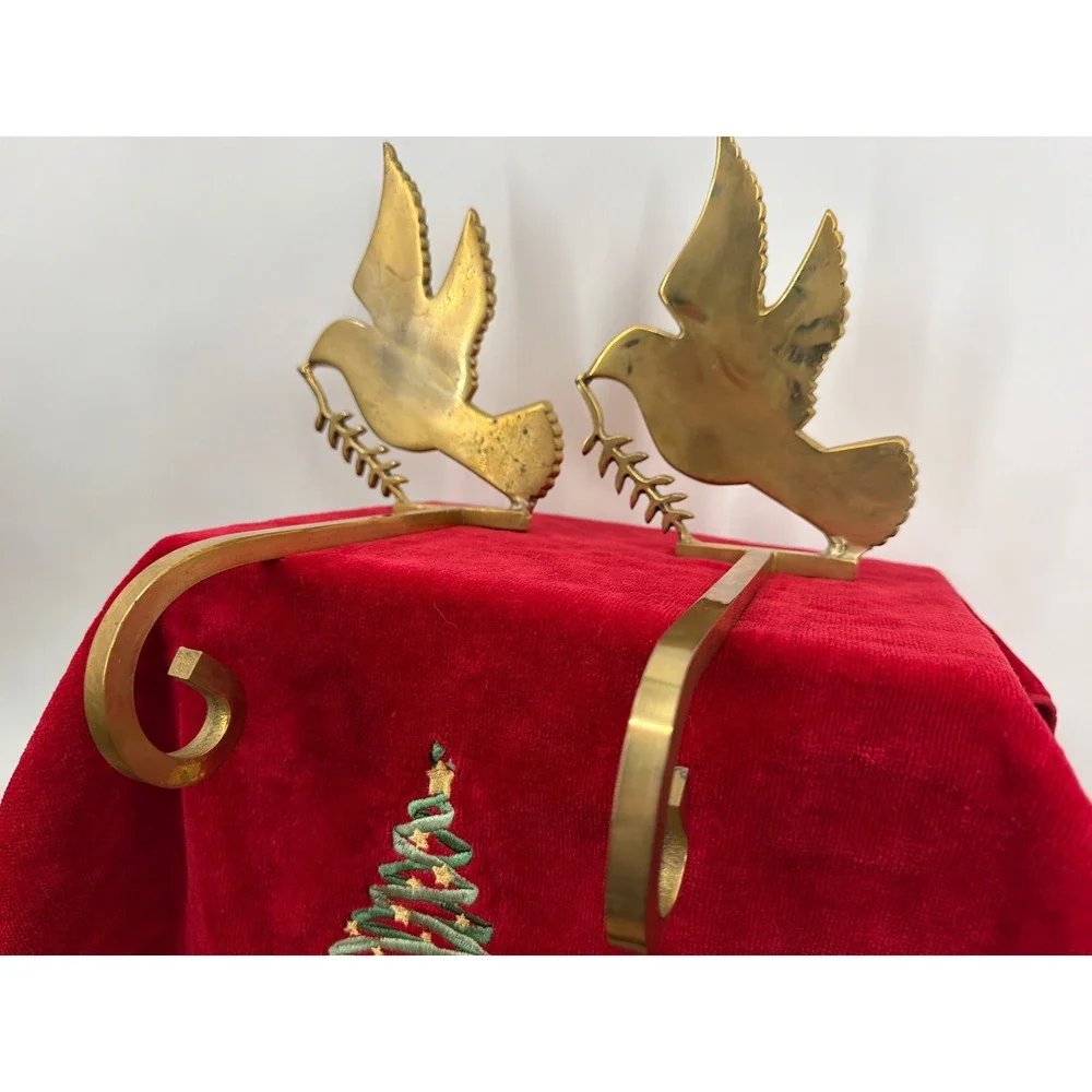 Vintage Solid Brass Dove of Peace Christmas Stocking Holders Pair Gold Mantel